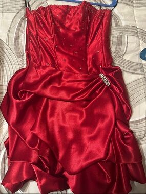 Narianna Red Satin Strapless Dress with Rhinestone Detail